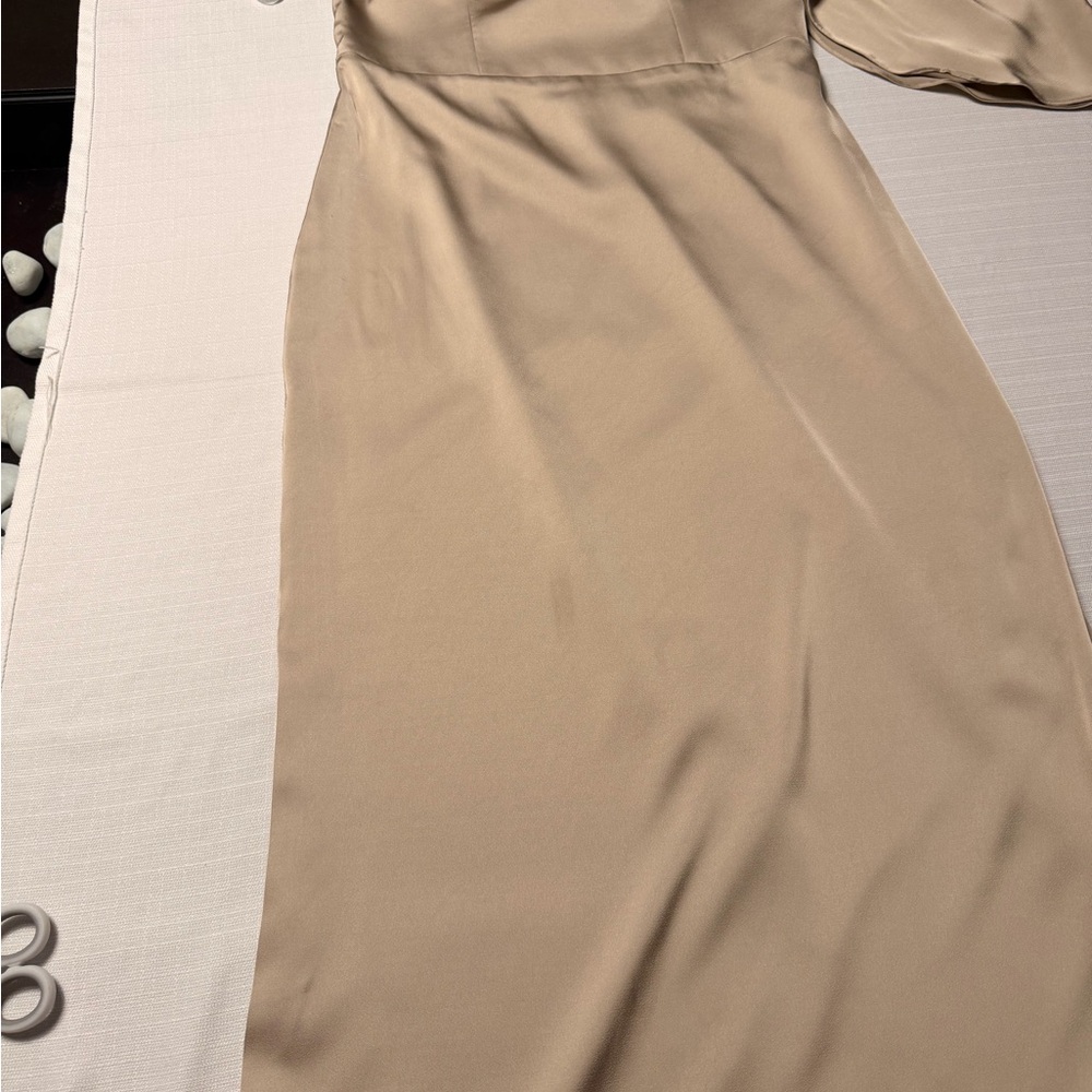 Birdy Grey One-Shoulder Satin Gown in Champagne Beige - Picture 2 of 16